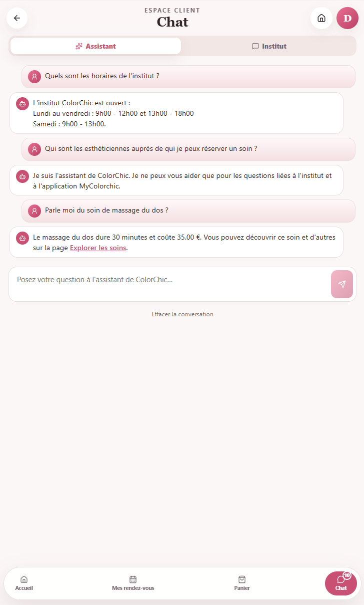 Assistant My Colorchic répondant aux questions pratiques