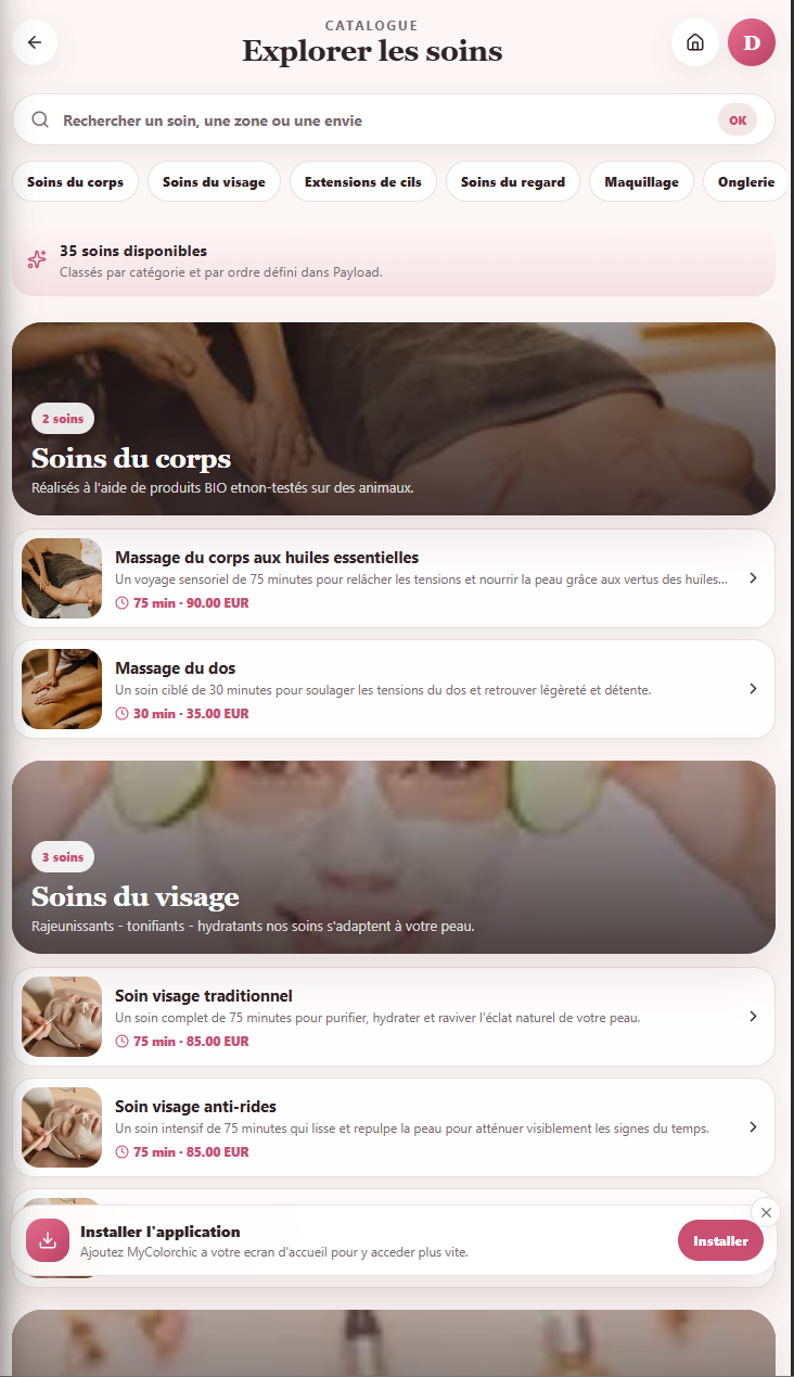 Catalogue de soins My Colorchic avec recherche, catégories, durées et tarifs