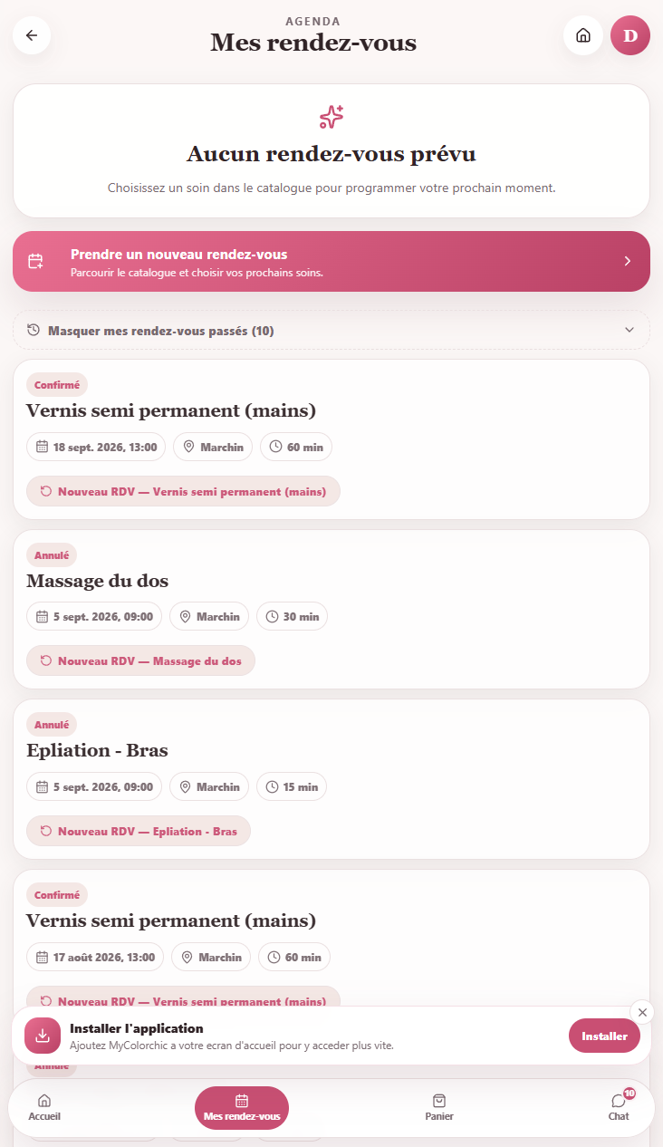 Espace client regroupant rendez-vous à venir et historique