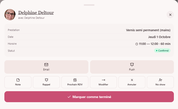 Fiche d’un rendez-vous avec actions de suivi