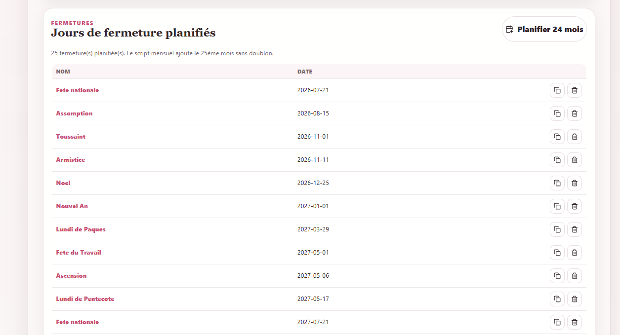 Gestion des jours de fermeture planifiés